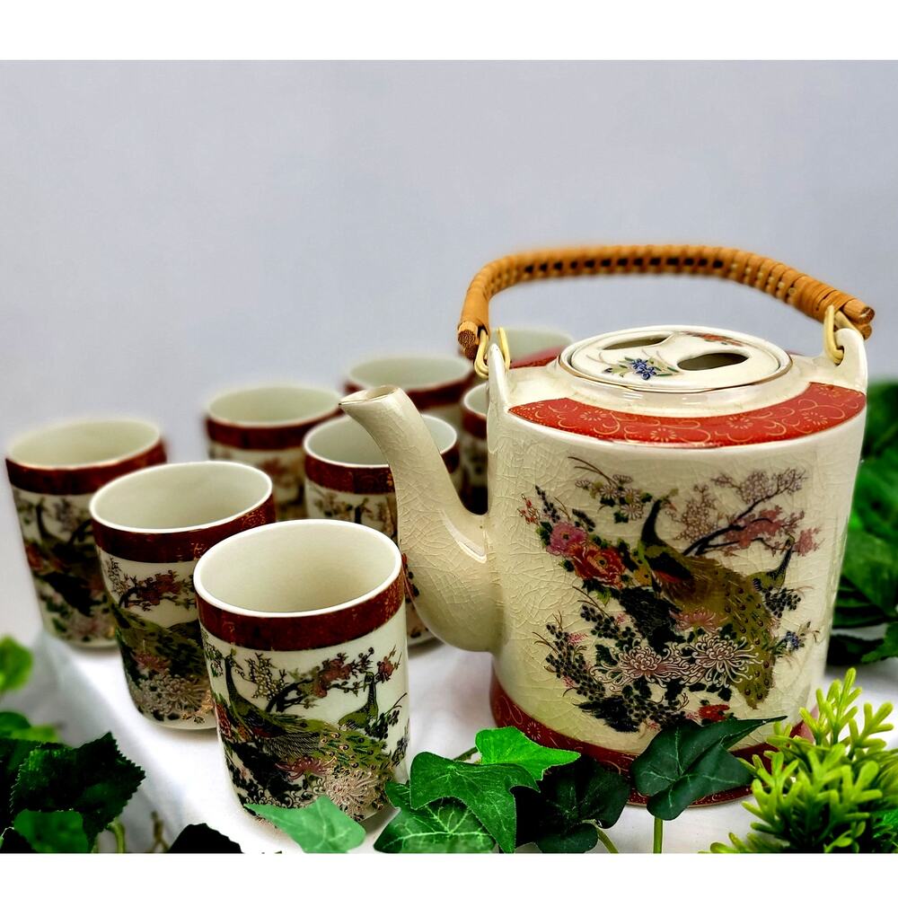 Vintage Japanese Satsuma Peacock Tea Pot With Red Trim And 8 Matching 6 Oz Cups